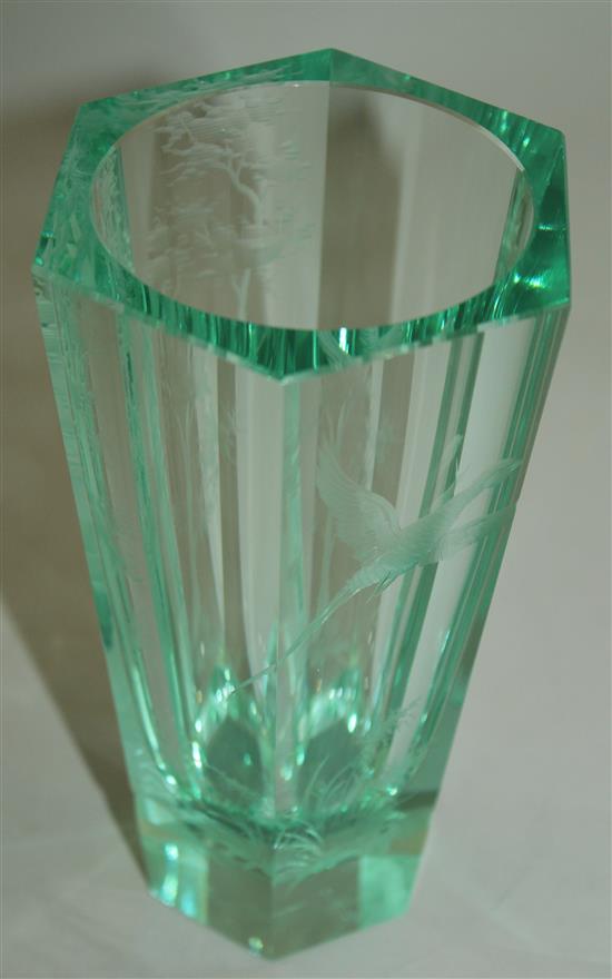 A Moser green tinted glass tapering hexagonal vase, 16.2cm.